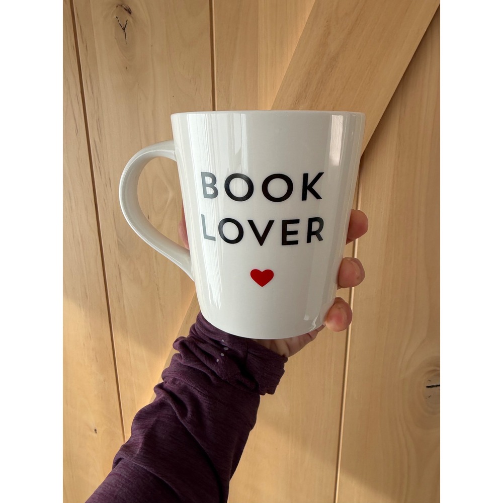 Indigo Book Lover White Ceramic Coffee Mug with Red Heart Heart Bibliophile Gift